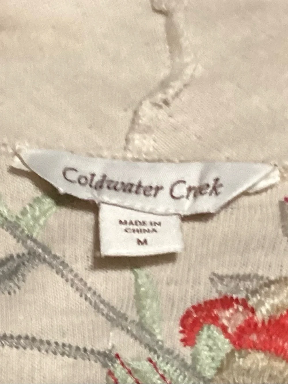 Coldwater Creek Embroidered Cream Open-Front Cardigan